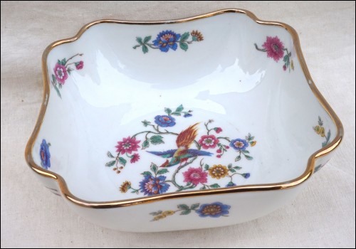 LIMOGES UC Porcelain Salad Fruit Square Bowl Bird Paradise Gilt