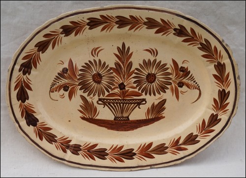 HB QUIMPER Large Flowered Brown Cream Oval Dish 1930