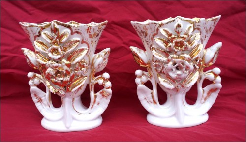 Pair Wedding Vases Gilt Porcelain Flowers Pouyat Fours 19th C