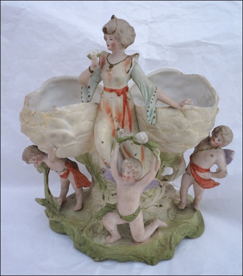 Cherub Putti Roses Lady Jardiniere Planter Gilt Bisque Porcelain 1900