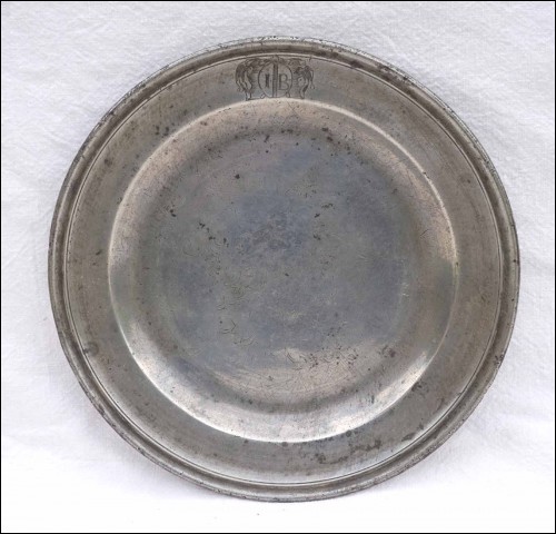 French Country Pewter Plate Engraved Monogram IB 18th C Hallmarked