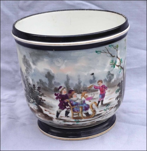 Old Paris Porcelain Children Playing Snow Sled Hand Painted Jardiniere Flower Pot Late 19th C