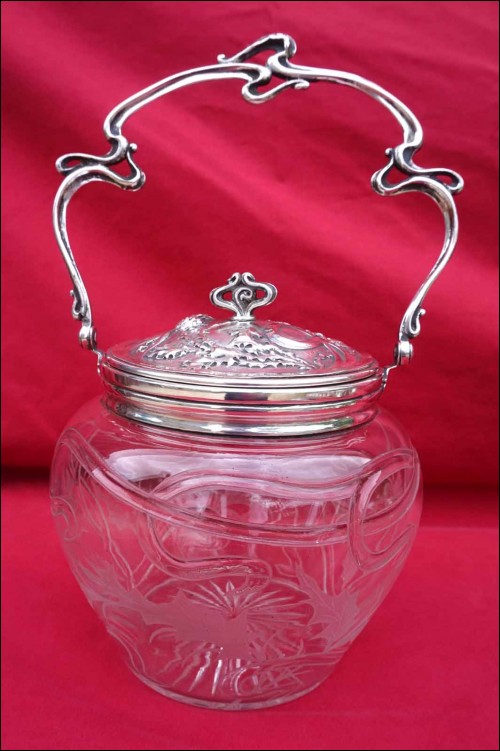 Art Nouveau Cut Crystal Silverplate Daum V Saglier Paris Biscuit Barrel Cookie Jar Thistle