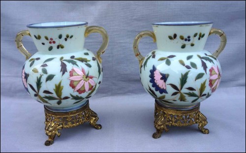 Bohemian Art Glass Pair Enameled Opaline Vase Ormolu Pierced Base 19th C