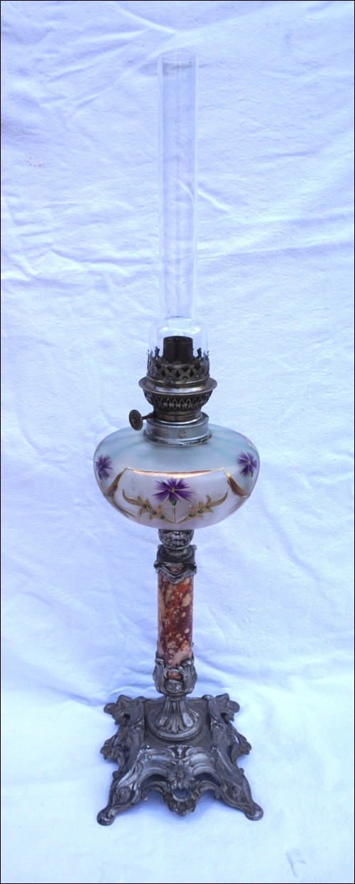 Art Nouveau Large 27 Kerosene Lamp Enamel Glass Marble Silverplate