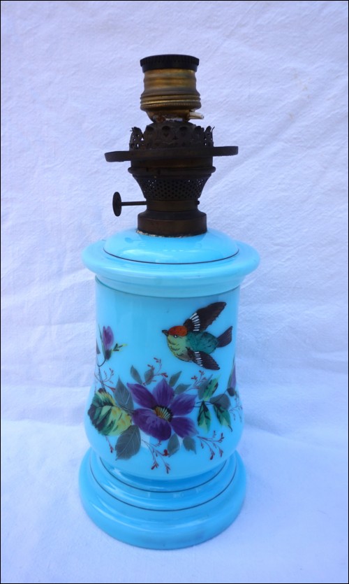 Blue Hand Painted Opaline Glass Lamp Base Bird Flowers 19th C