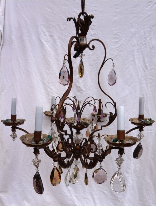 Chandelier 6 Lights Colored Crystal Glass Gilt Metal Ceiling Light Need Repair