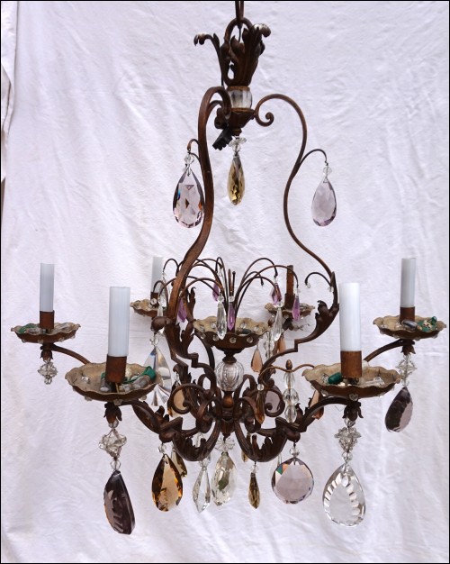 Chandelier 6 Lights Colored Crystal Glass Gilt Metal Ceiling Light Need Repair