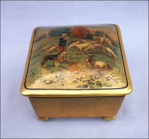 LIMOGES French Gold Porcelain Painted Transferware Shepherd Sheep Dog Box