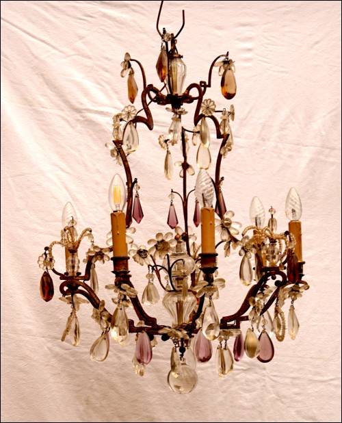 Louis XV Style 6 Light Chandelier Crystal Clear Colored Gilt Iron 19th C