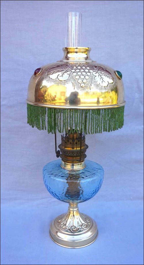 Brass Oil Kerosene Lamp With Beaded Colored Stone Shade 1900's