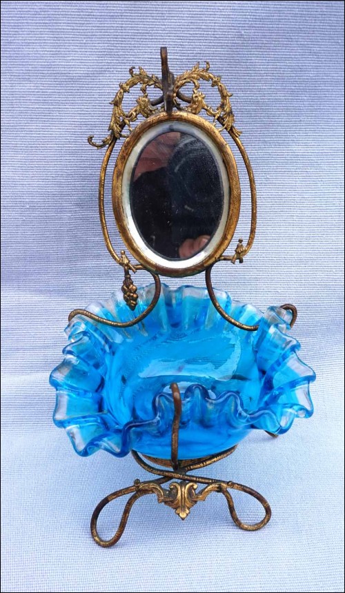 Watch Holder Tidy Gilt Brass Blue Scalloped Glass  Late 19th C