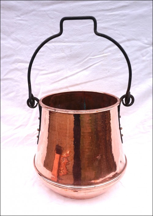 Hammered Copper Large Caldron Bucket Wrought Iron Handle Vintage