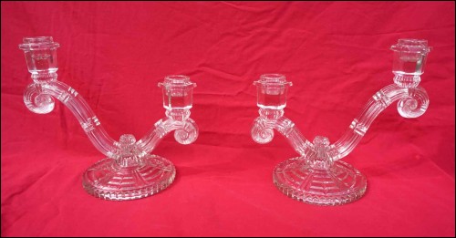 ART DECO Pressed Glass Pair Candlestick 2 Lights Czech 1940