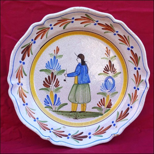 HR QUIMPER Large Scalloped Round Dish Little Breton Hand Painted Faience 1900