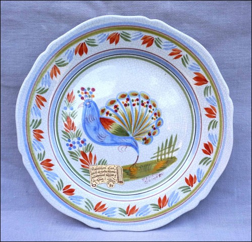 HENRIOT QUIMPER Peacock Rooster Scalloped Plate Vintage