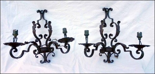 Art Deco Wrought Iron Pair Wall 2 Light Sconce Foliage 1940's