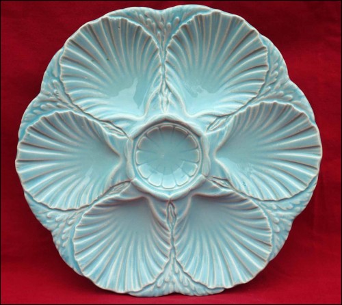 SARREGUEMINES Blue Celadon Oyster Plate Majolica 1900