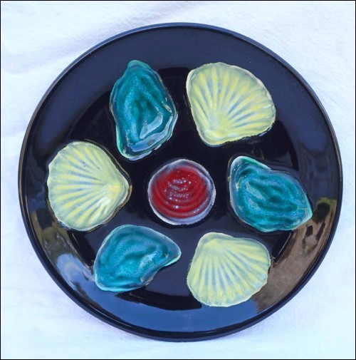 Yellow Green Hand Painted Faience Oyster Plate Elchinger