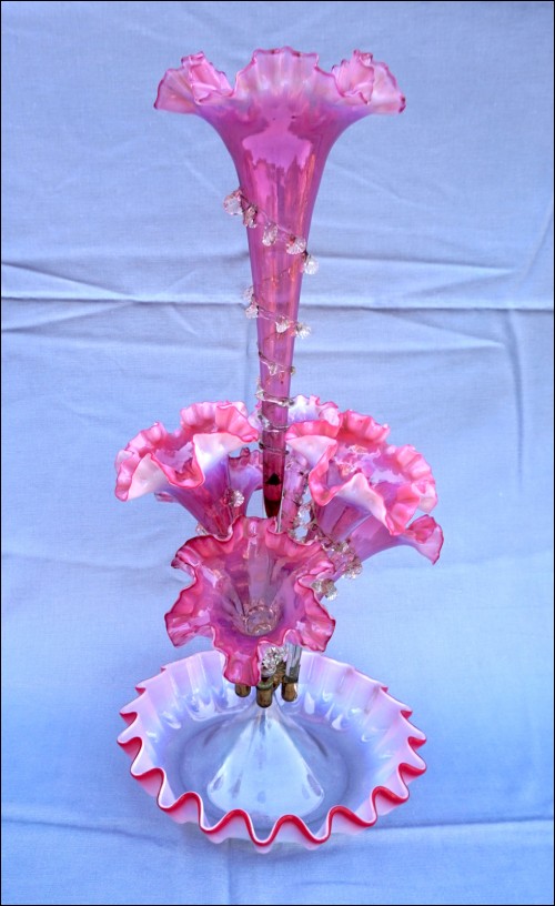 Victorian Stourbridge Large Epergne 7 Horns Cranberry Opalescent Glass Centerpiece