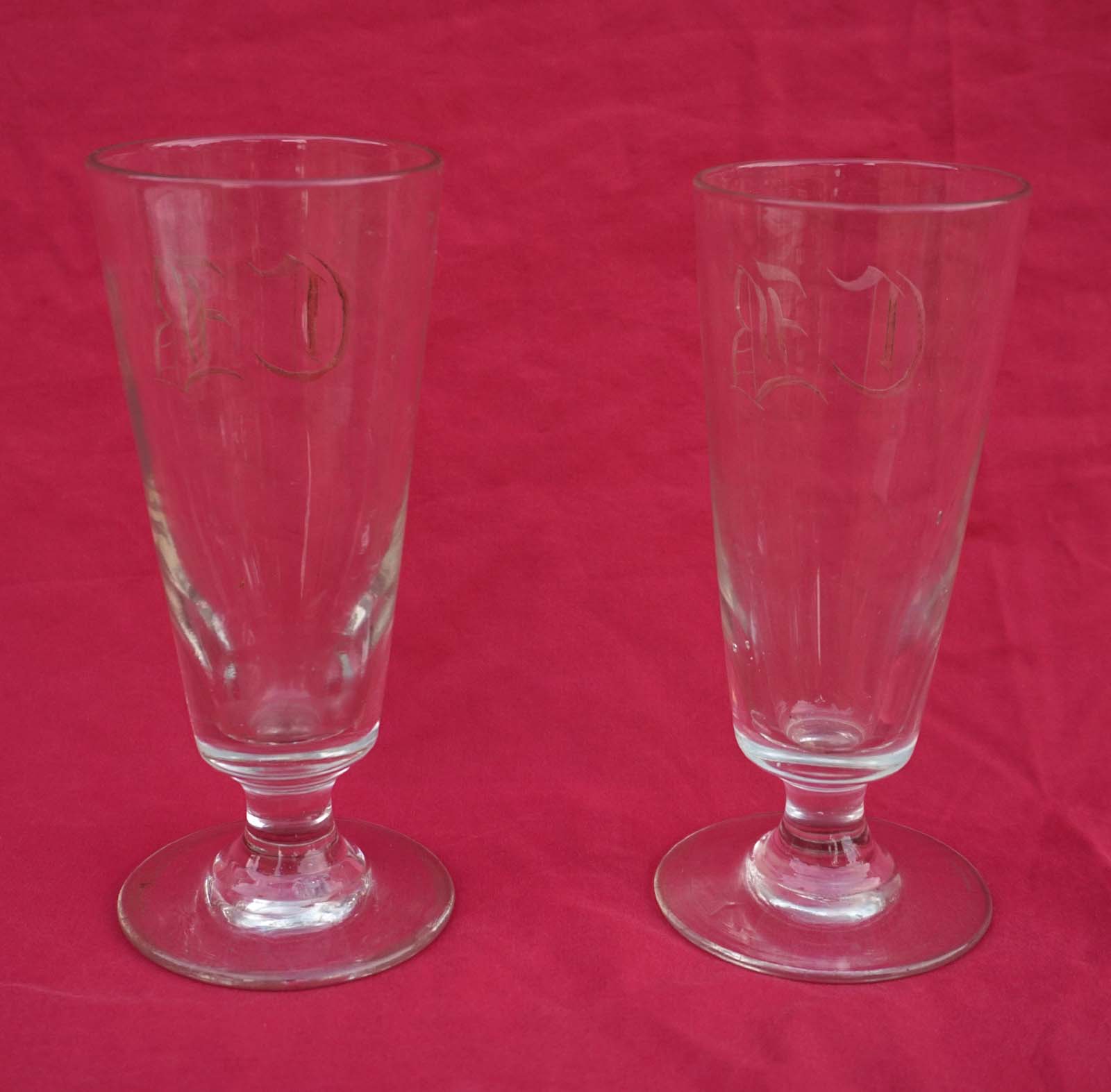 Antique French Engraved Glass Pair Mazagran Coffee Tea Footed Cup Mono ...